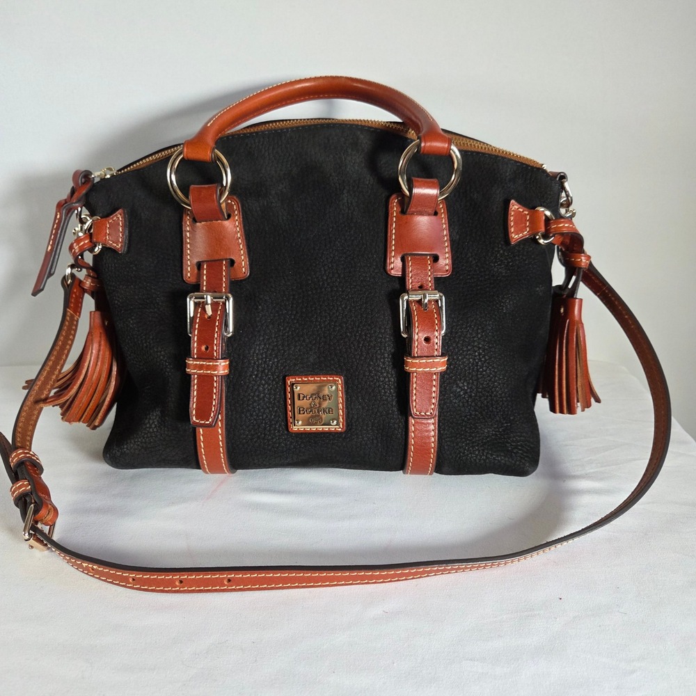 Dooney & Bourke Black Suede Leather Satchel Crossbody Bag Tassels & Dust Bag - Picture 2 of 11